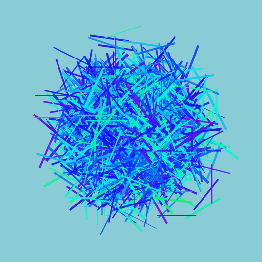 Abstract art print of blue, green and purple lines in a circular pattern on a light blue background