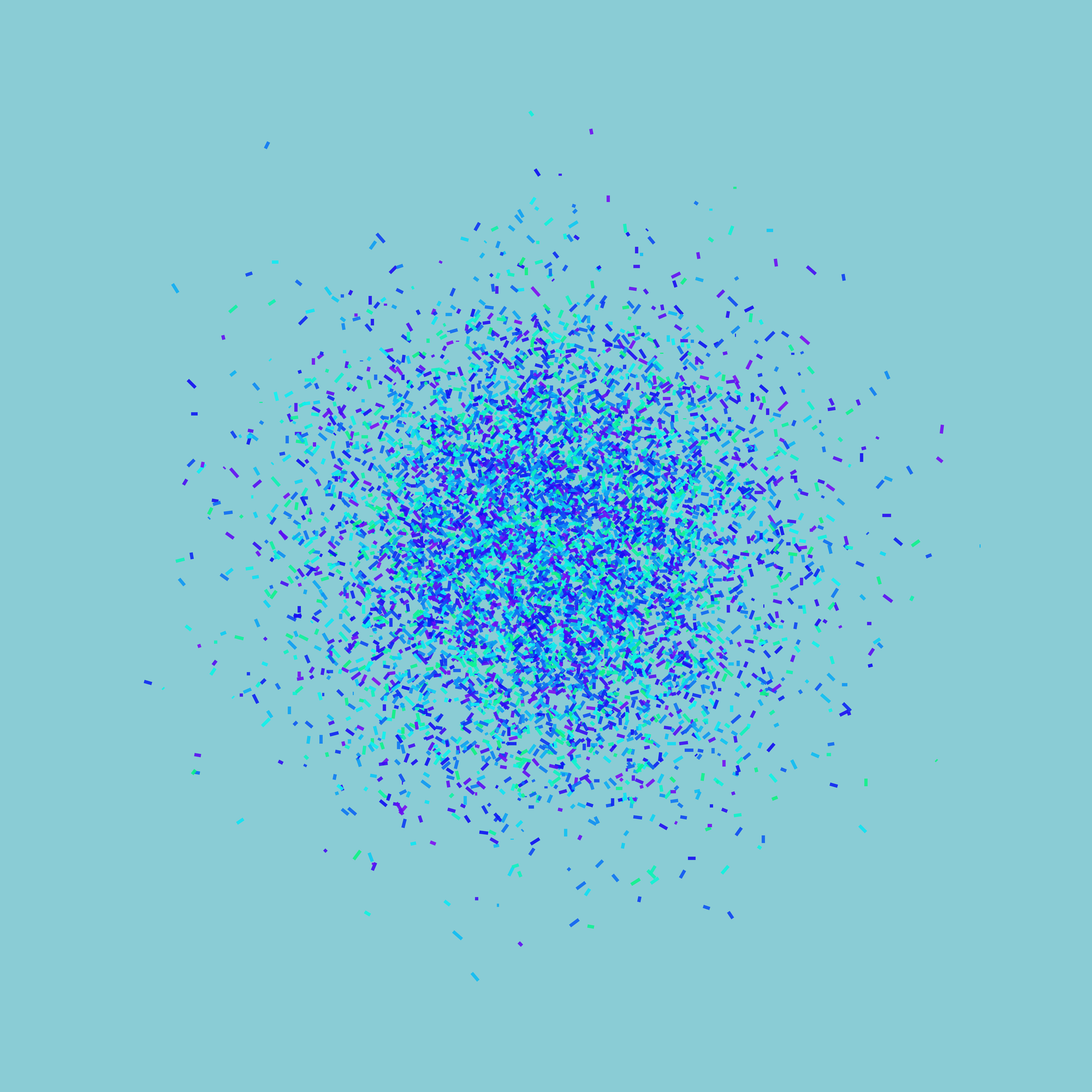 Abstract art print of blue, green and purple confetti like circular pattern on a light blue background