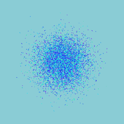 Abstract art print of blue, green and purple confetti like circular pattern on a light blue background