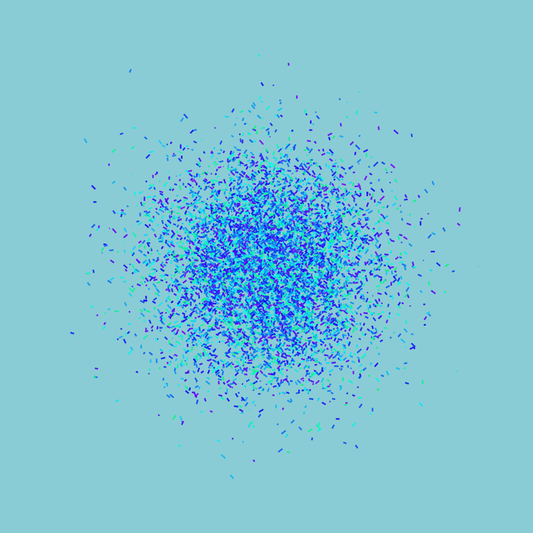 Abstract art print of blue, green and purple confetti like circular pattern on a light blue background