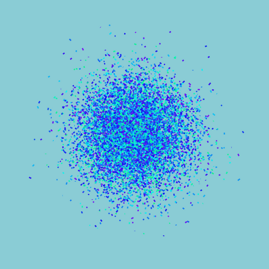 Abstract art print of blue, green and purple confetti like circular pattern on a light blue background