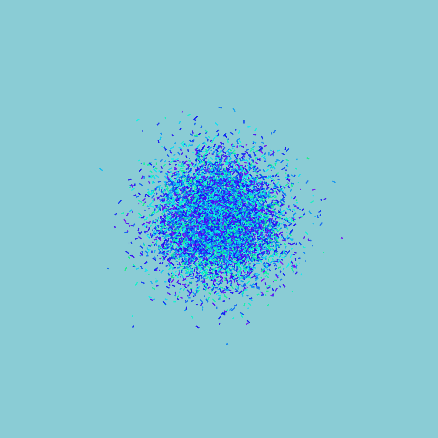 Abstract art print of blue, green and purple confetti like circular pattern on a light blue background
