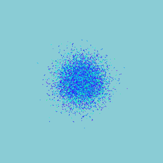 Abstract art print of blue, green and purple confetti like circular pattern on a light blue background