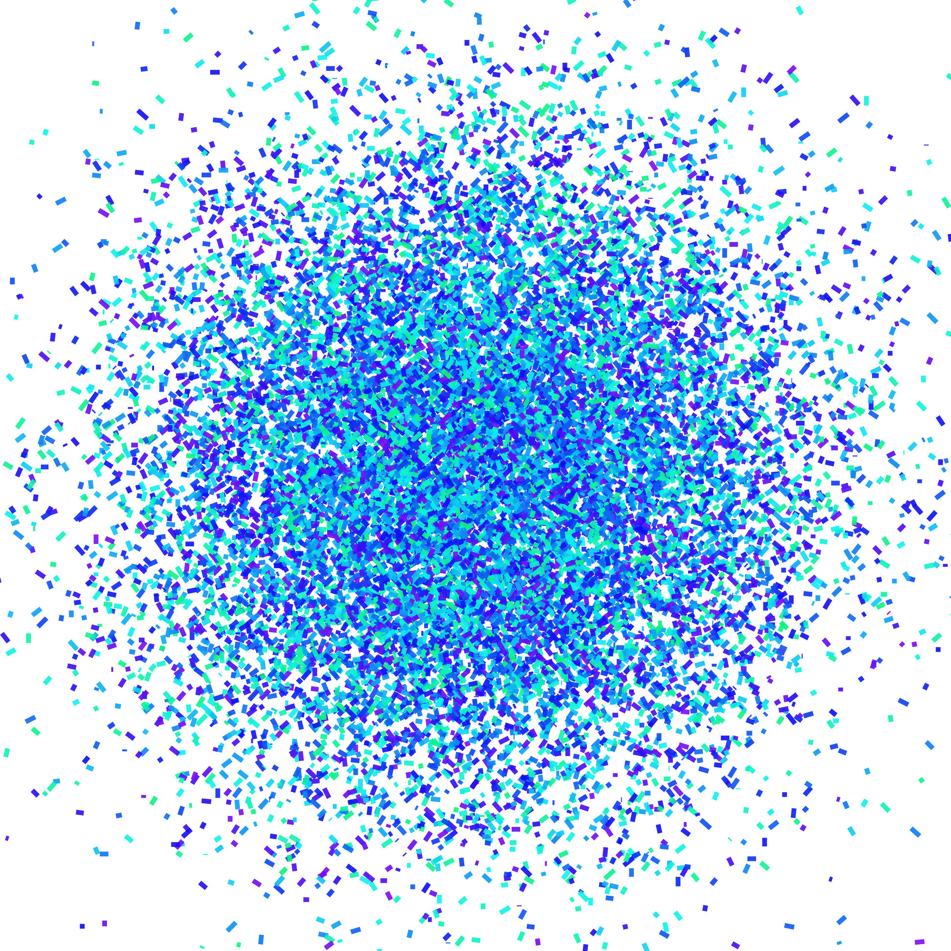 Blue, green and purple confetti like patterned abstract art print on a white background
