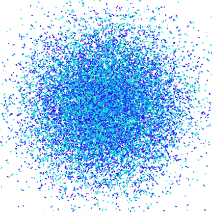 Blue, green and purple confetti like patterned abstract art print on a white background