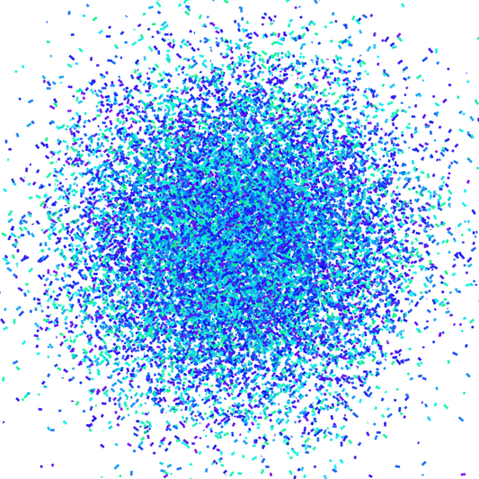 Blue, green and purple confetti like patterned abstract art print on a white background