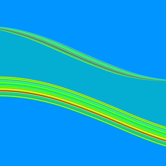 generative art print of wavy lines in green, yellow, and red on a blue background