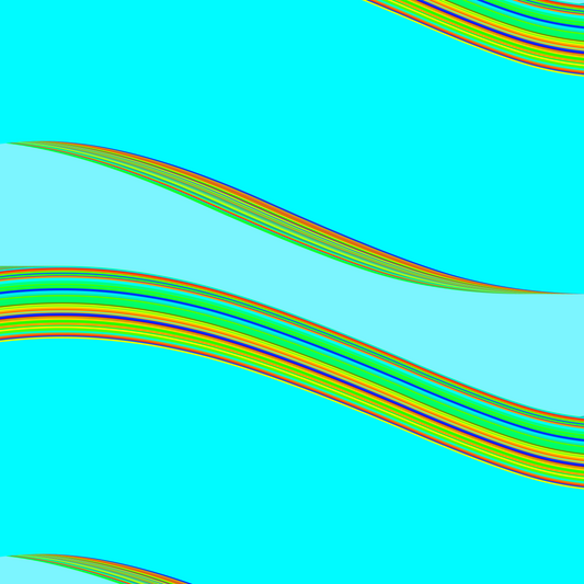 generative art print of wavy lines in rainbow colors on a blue background