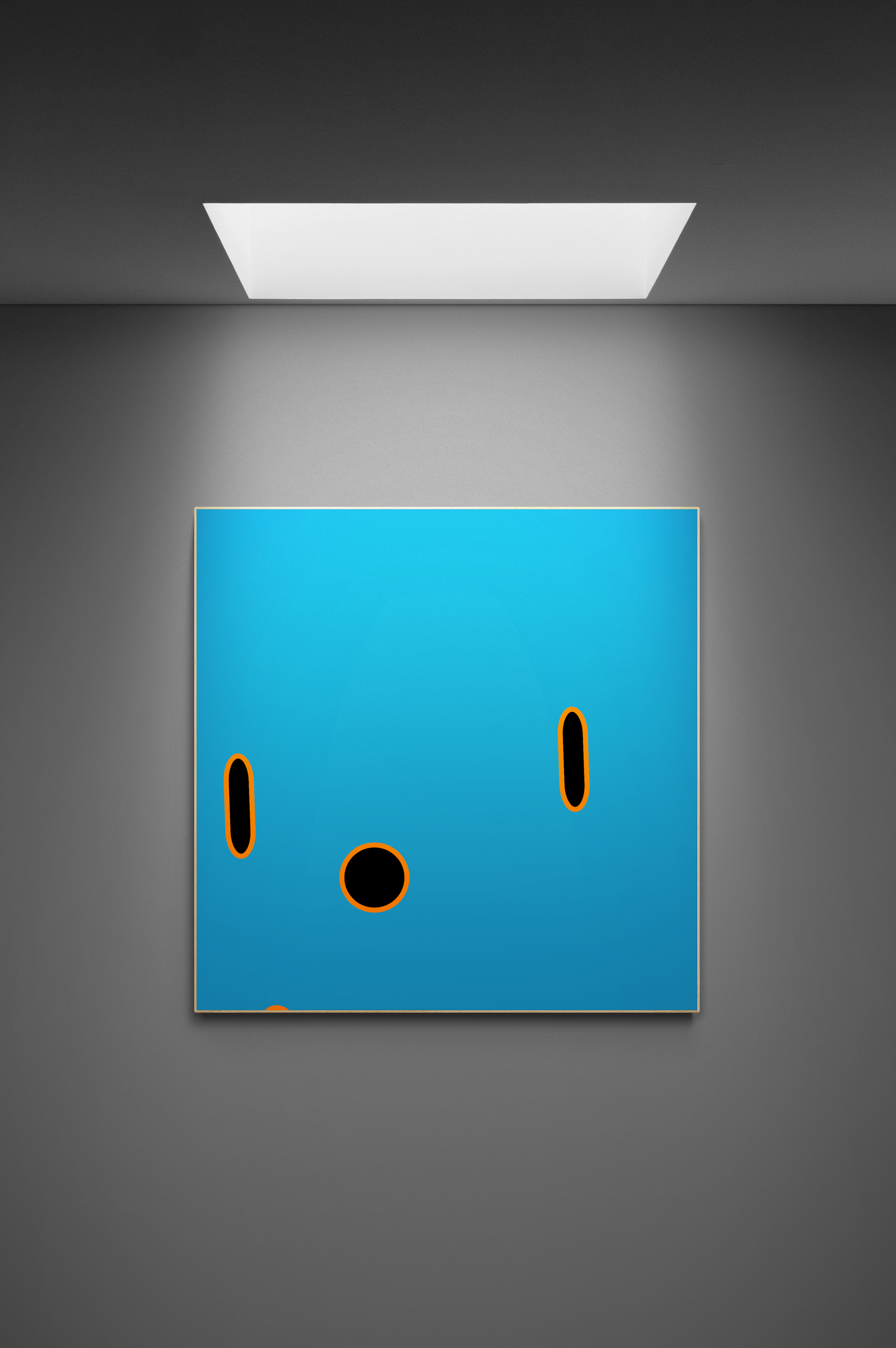 Blue square print with black and orange circle shapes on a gray background