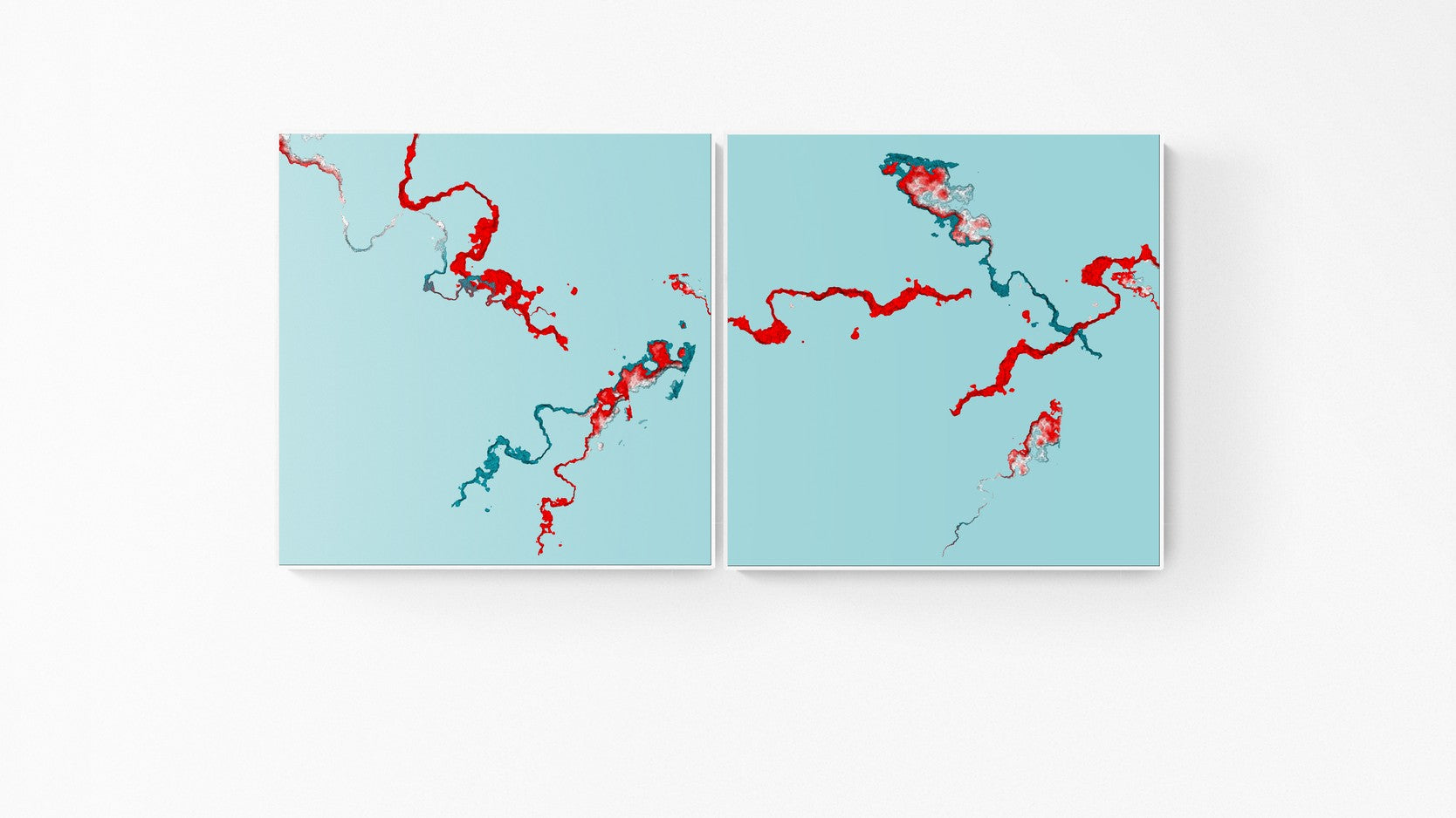Two abstract art pieces with red and blue brush strokes on a light blue background.