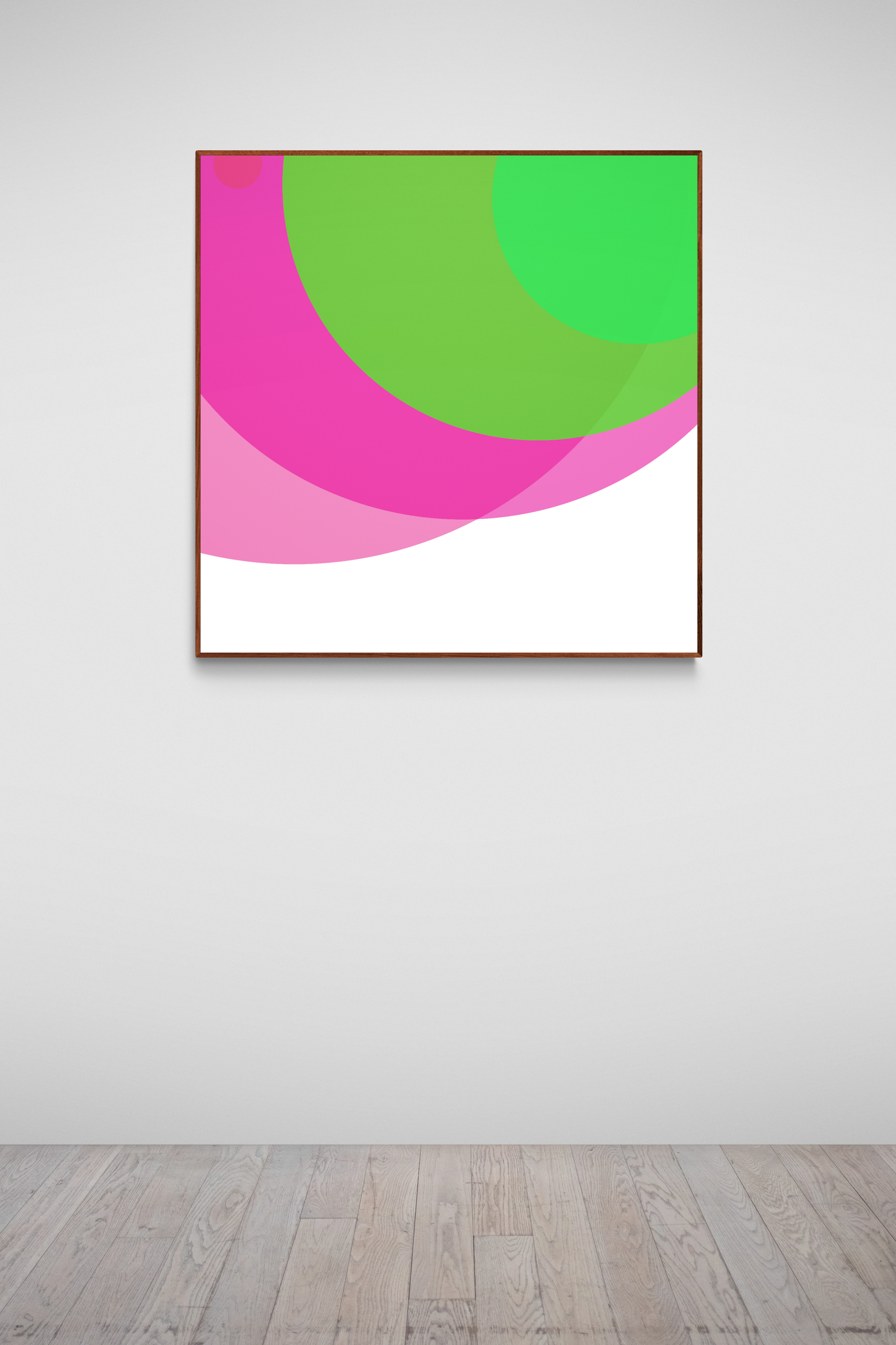 Art print of two overlapping circles, one green and one pink, on a white background on a white wall.