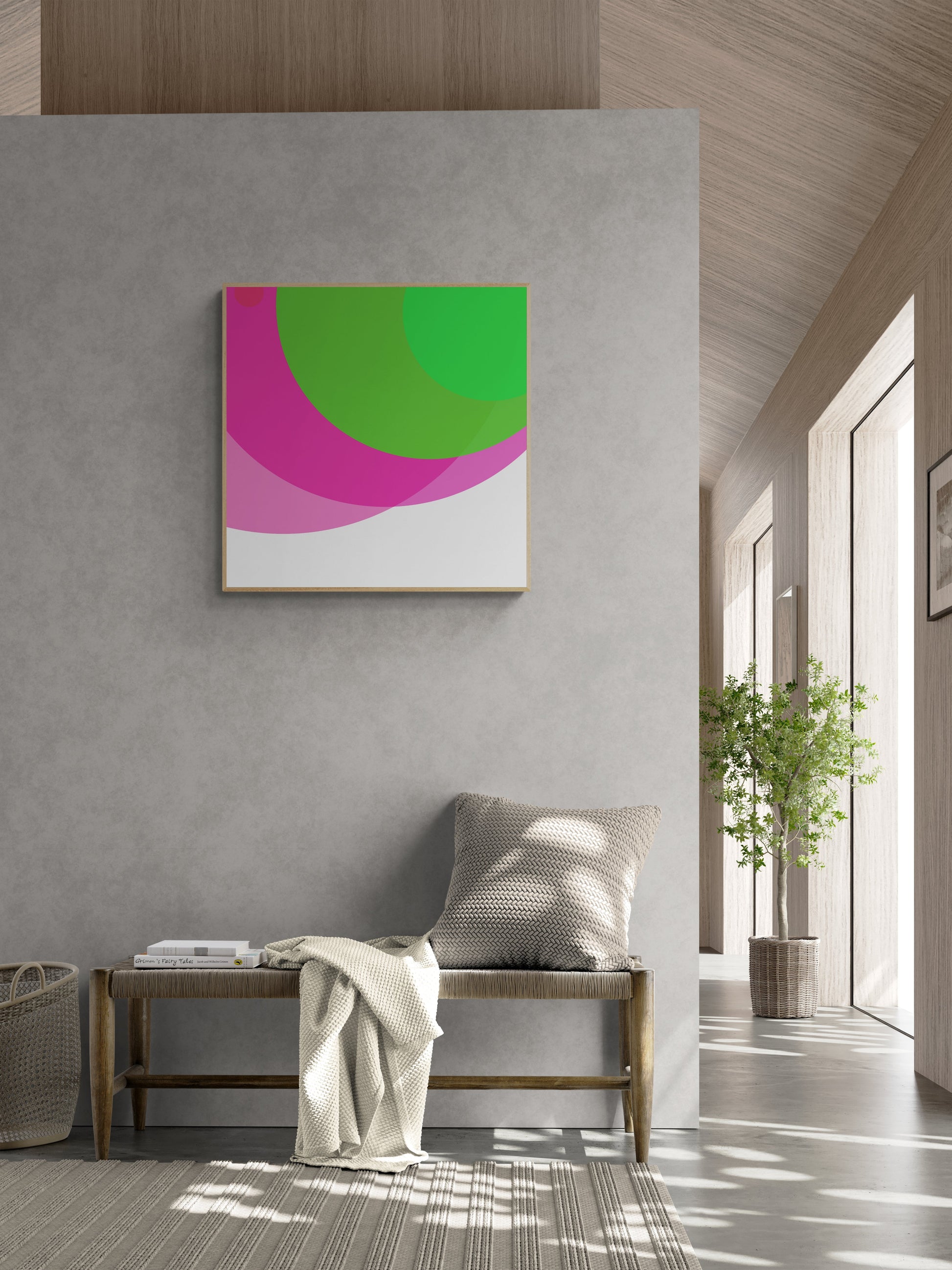 Modern interior with a colorful abstract print on a gray wall, a bench with a blanket and pillow, and a plant.