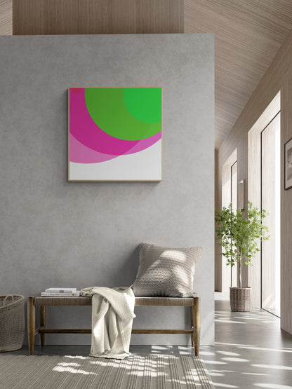 Modern interior with a colorful abstract print on a gray wall, a bench with a blanket and pillow, and a plant.