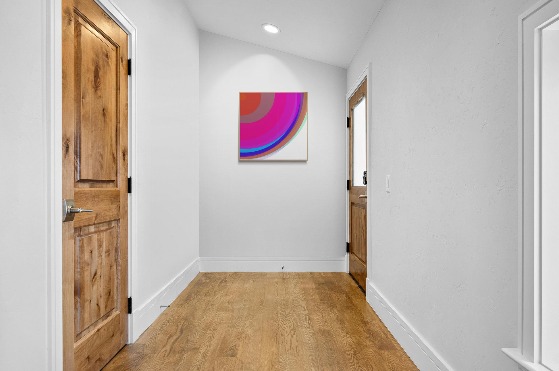 Foyer with wooden doors and an art print of colorful circular spheres with a gradient effect on the wall.