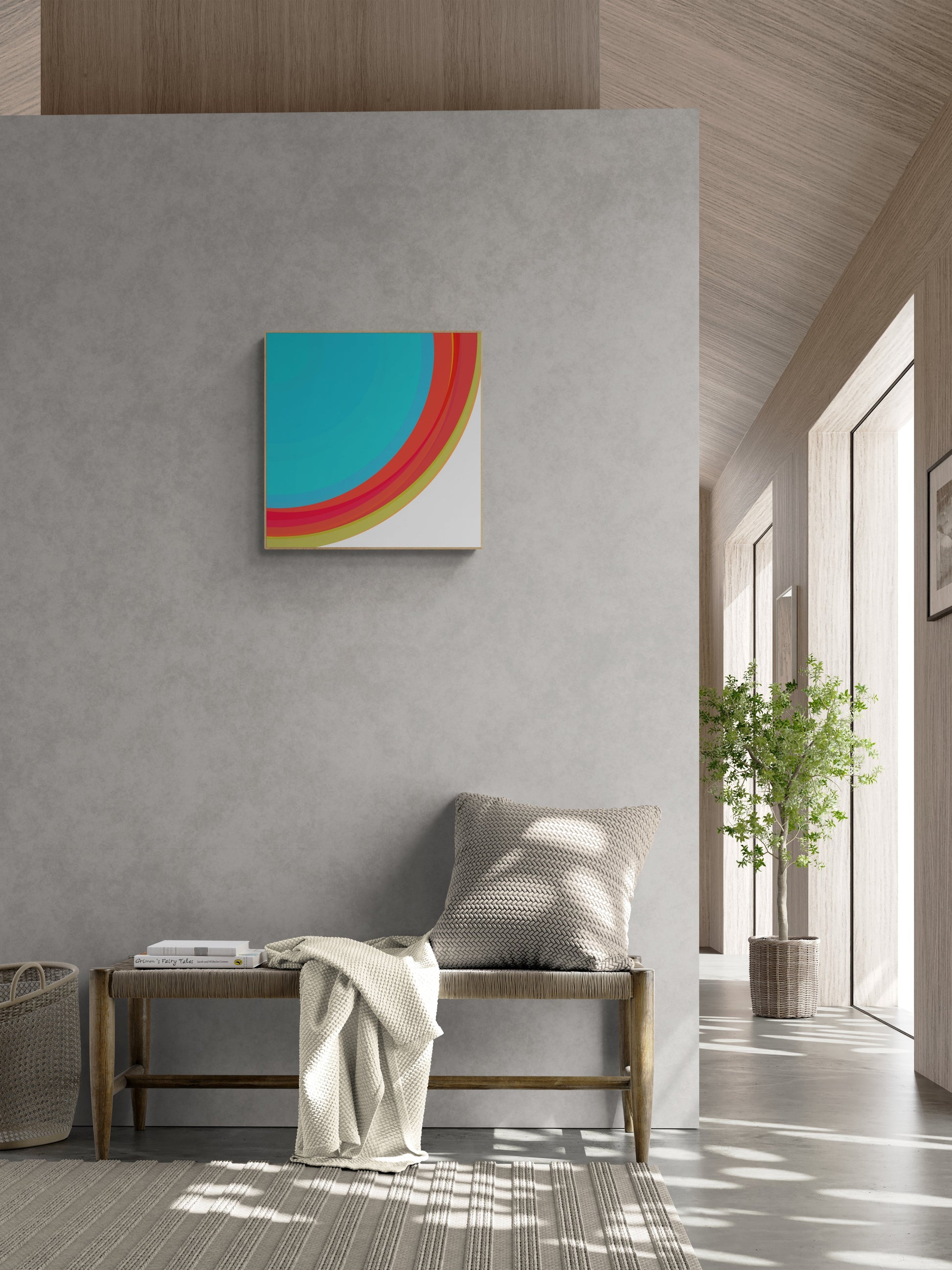 Modern interior with a colorful abstract art print on a gray wall, a bench with a blanket and pillow, and a plant.