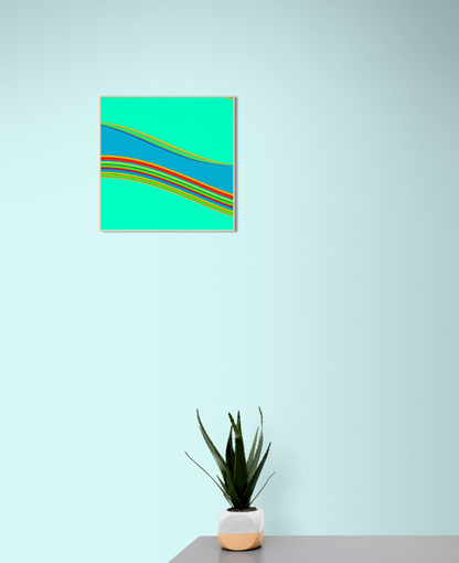 Abstract generative art print with colorful stripes on a light blue wall, accompanied by a potted plant.