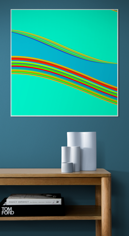 Abstract generative art print with colorful wavy lines on a teal background, displayed above a wooden shelf.