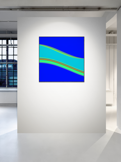 Abstract generative art print with blue, green, and orange colors on a white wall.
