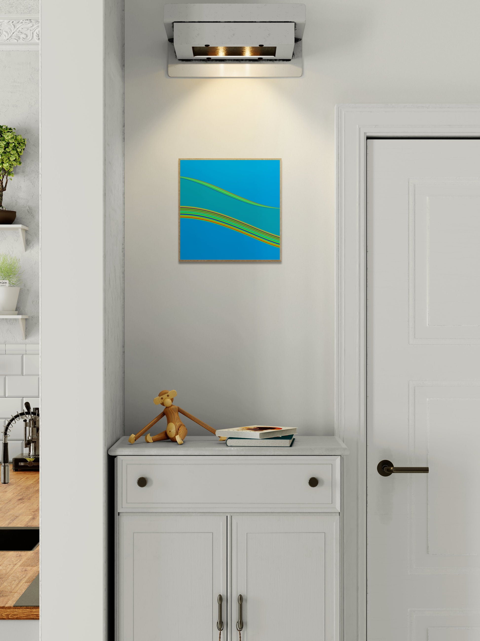 Modern interior with a blue abstract generative art print on a gray wall, a cabinet below, and a door to the right.