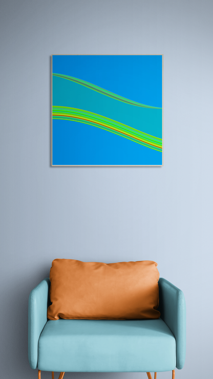 Abstract generative art print with blue and green colors on a gray wall above a light blue chair with a brown cushion.