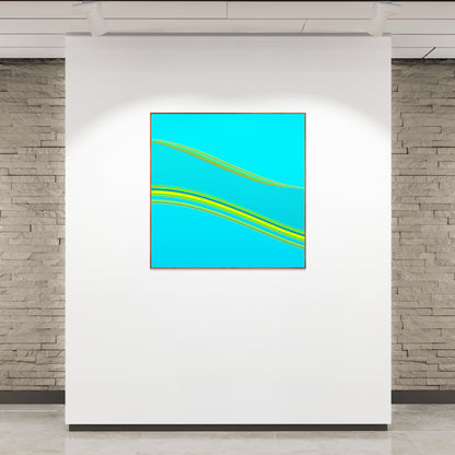 Abstract generative art print with blue and yellow colors on a white wall.