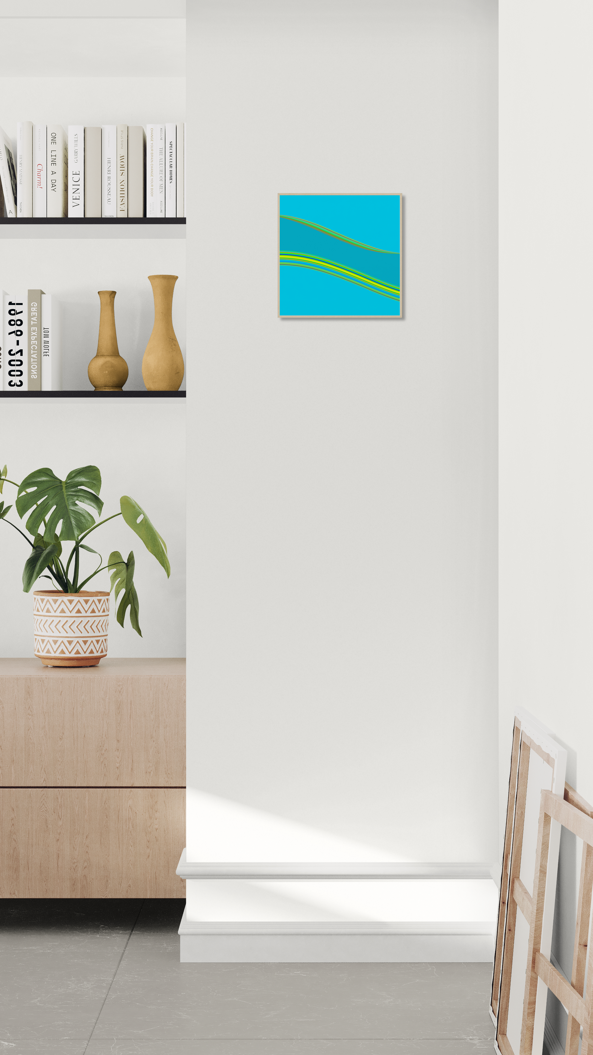 Modern interior with a blue abstract generative art print on a white wall, a plant, and a shelf with books and vases.