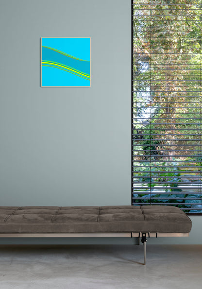 Modern interior with a gray sofa and abstract generative art print on a gray wall.