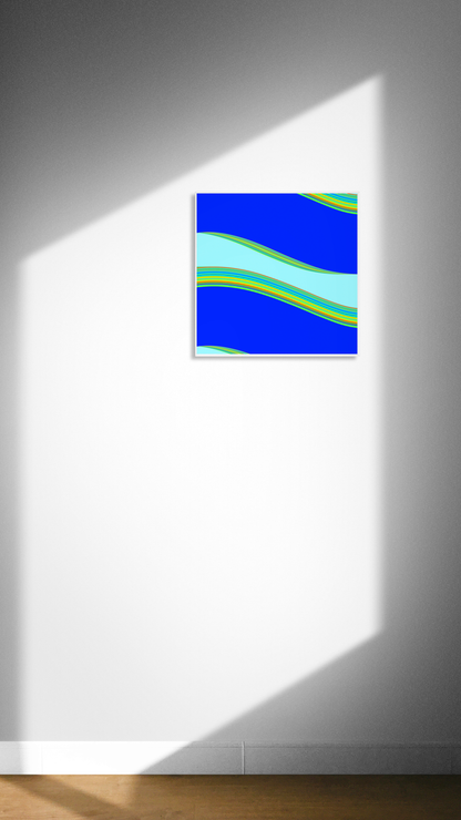 Abstract generative art print with blue and green wave patterns on a white wall.