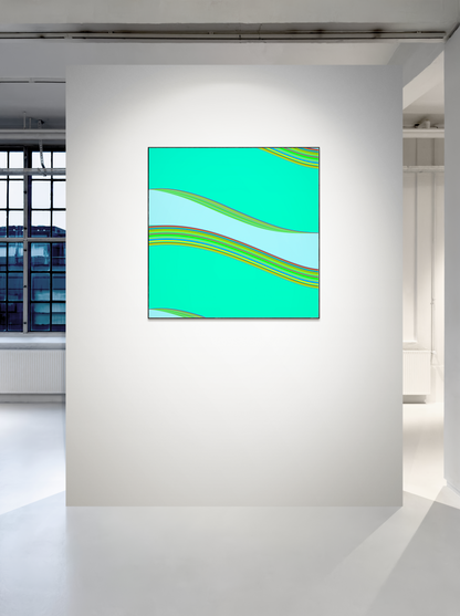 Modern abstract generative art print on a white wall in a minimalistic room.