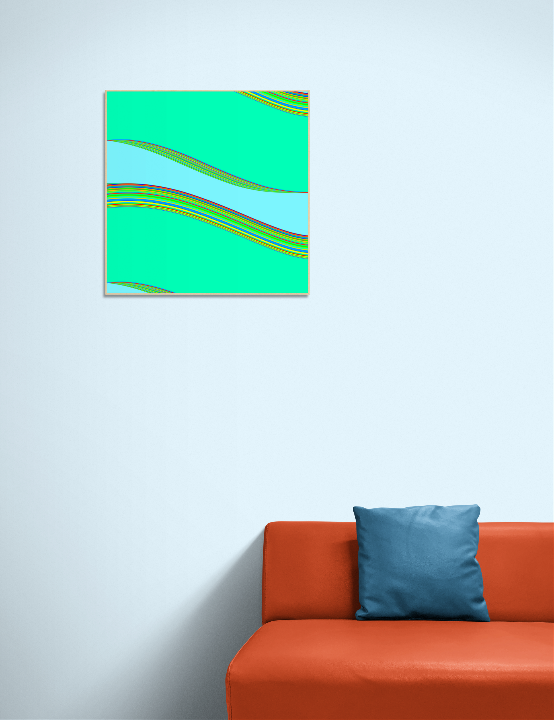 Abstract generative art print on a wall above an orange sofa with a blue pillow.