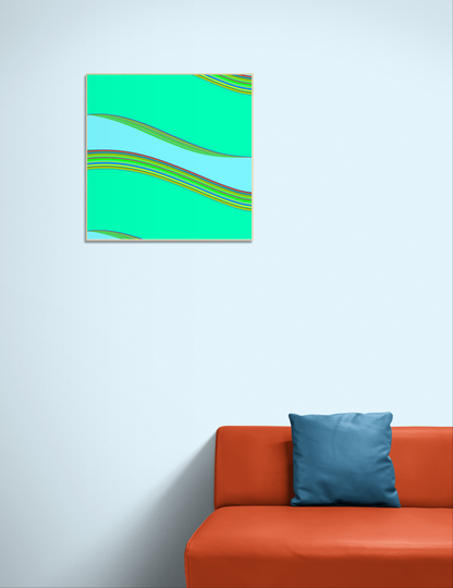 Abstract generative art print on a wall above an orange sofa with a blue pillow.
