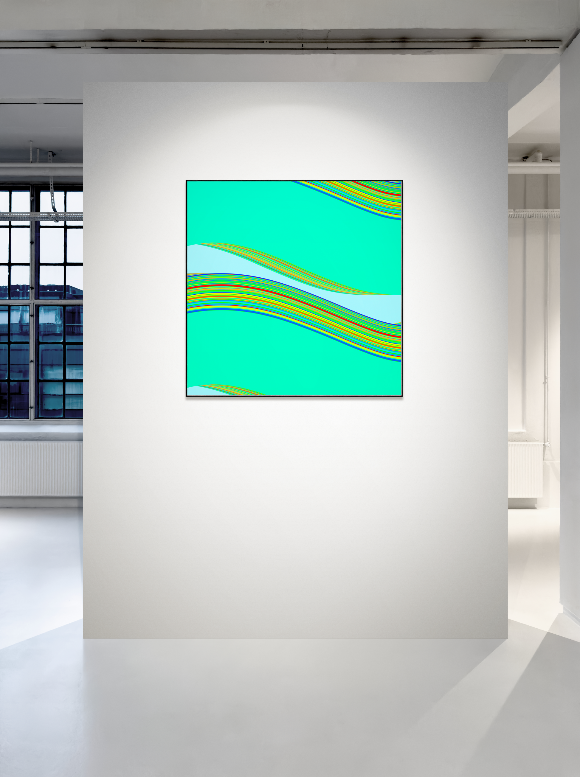 Modern abstract generative art print on a white wall in a minimalistic room