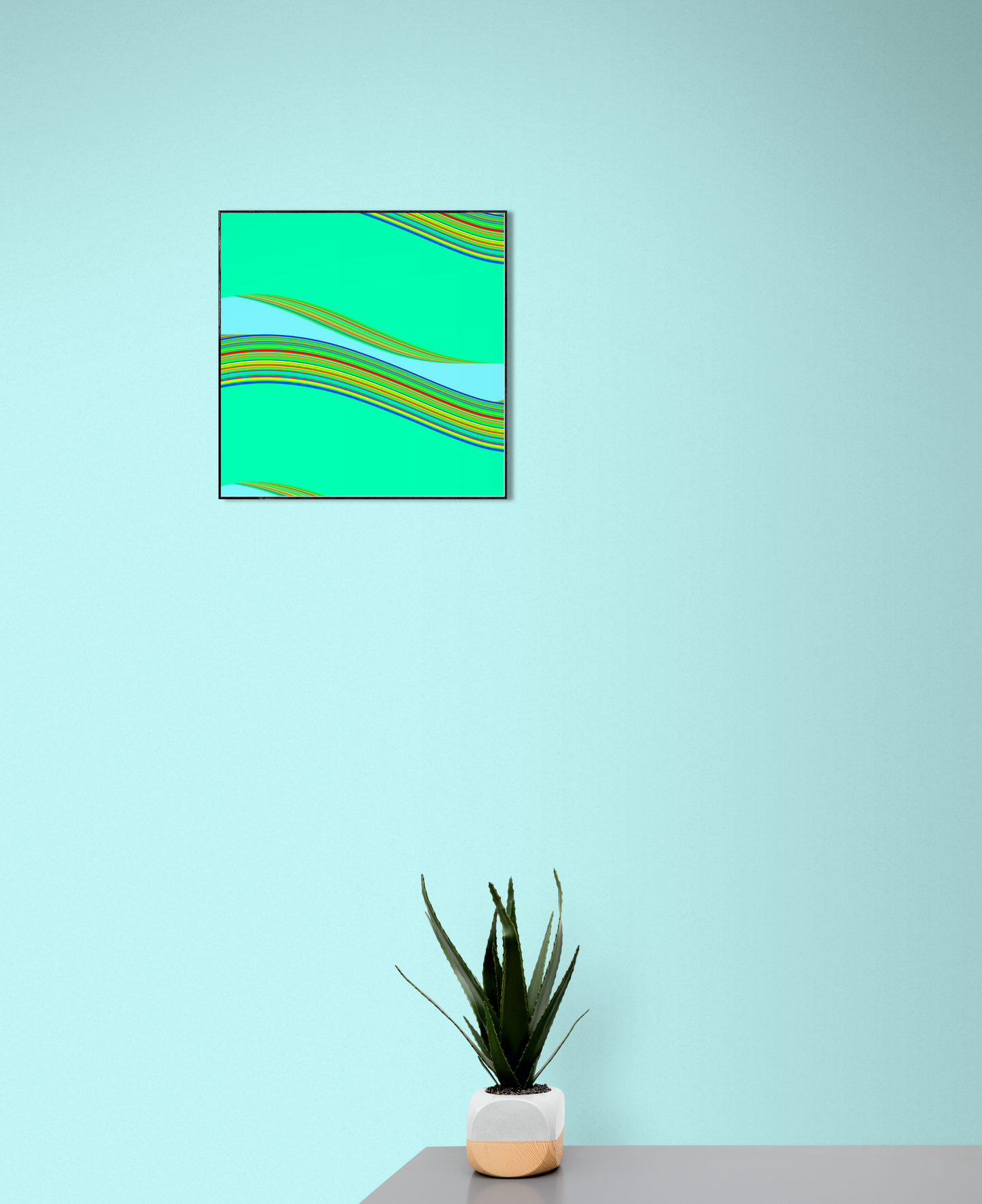 Abstract green and blue generative art print on a light blue wall with a potted plant below.