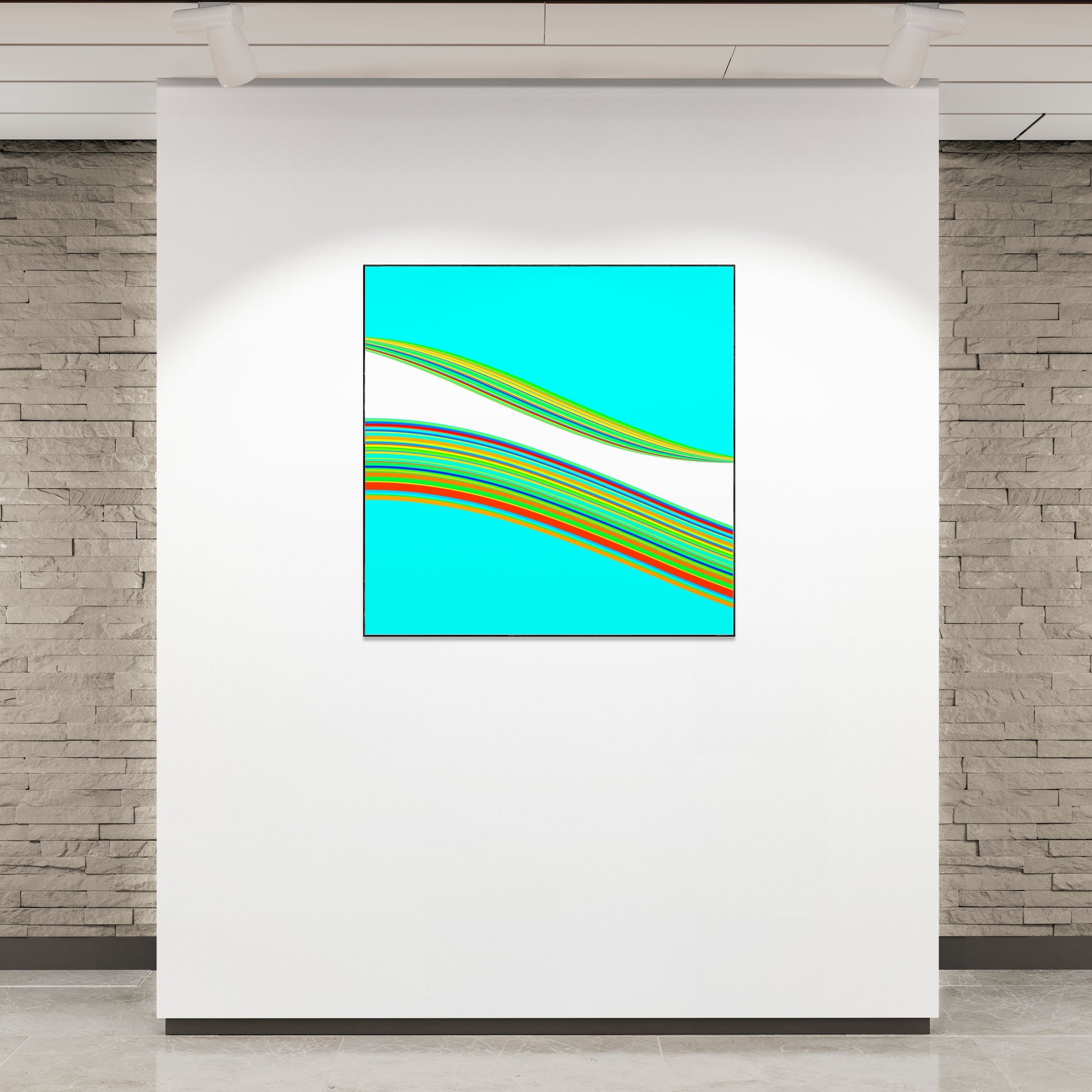 Abstract generative art print with colorful stripes on a turquoise background in a modern interior setting.