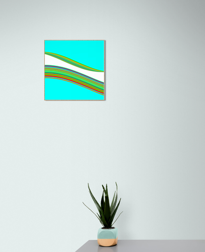 Abstract generative art print with colorful stripes on a light blue background, displayed on a white wall with a potted plant below.