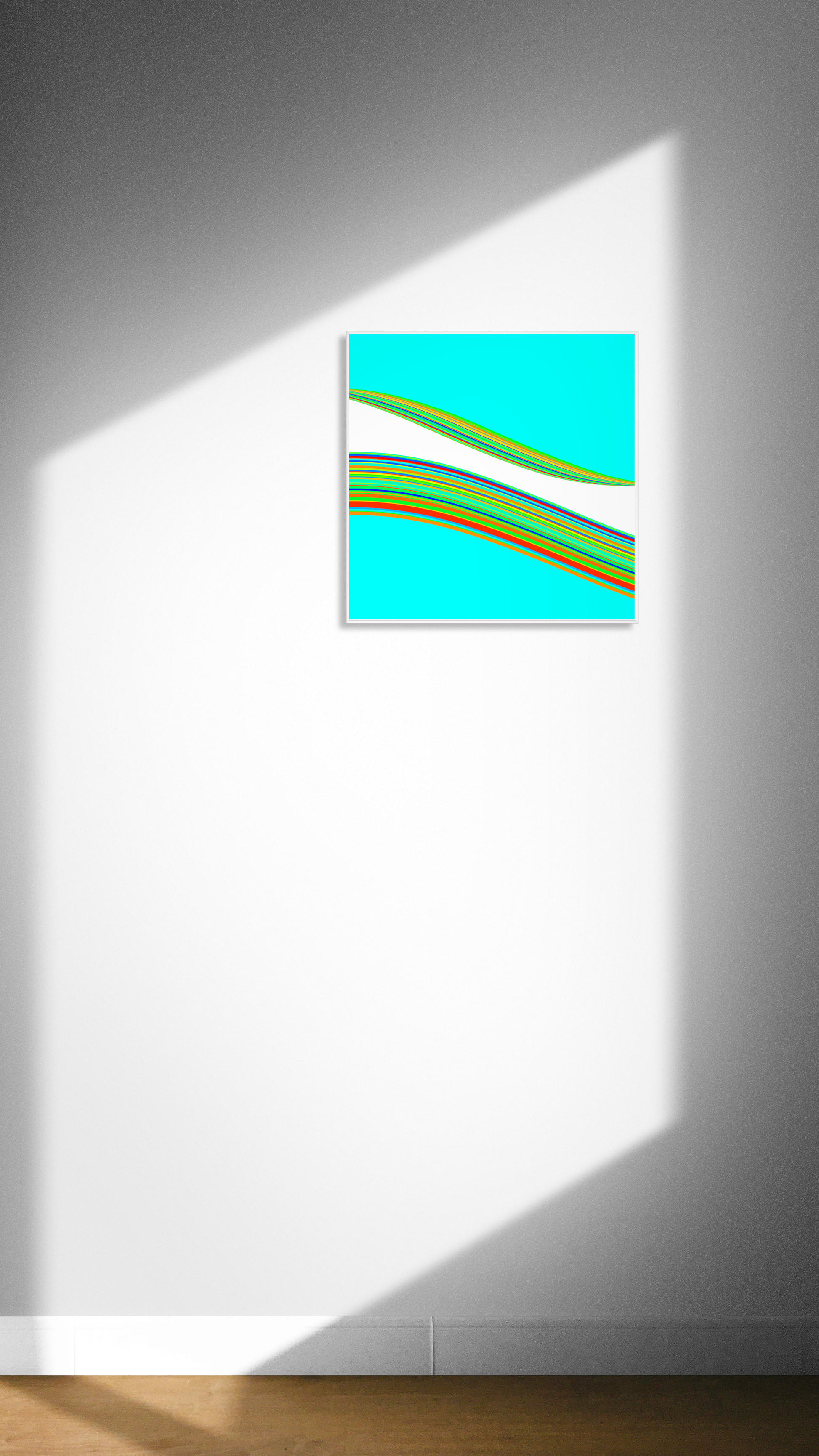 Abstract generative art print with colorful stripes on a white wall