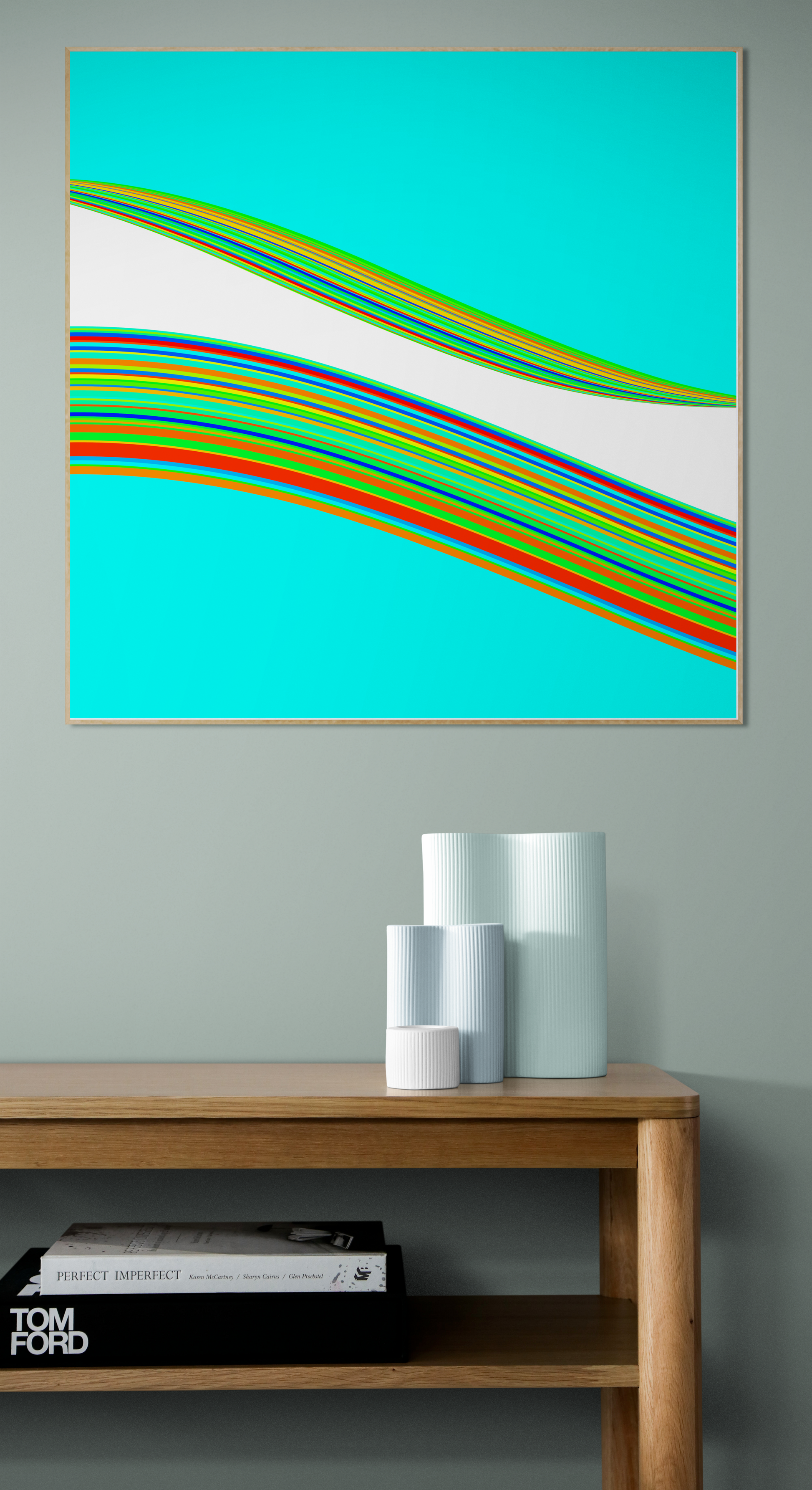 Abstract generative art print with colorful wavy lines on a teal background, displayed above a wooden shelf.