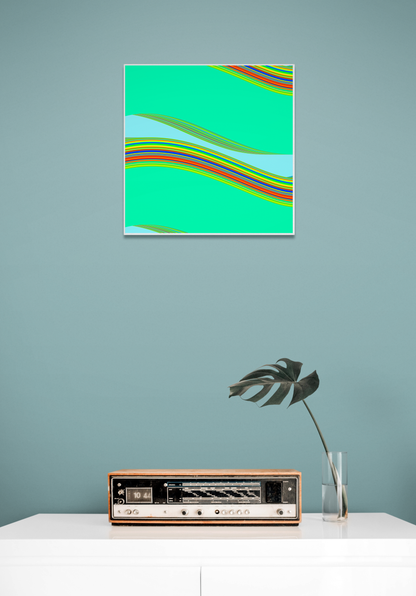 Abstract generative art print with colorful stripes on a teal background, displayed above a vintage radio on a light blue wall.