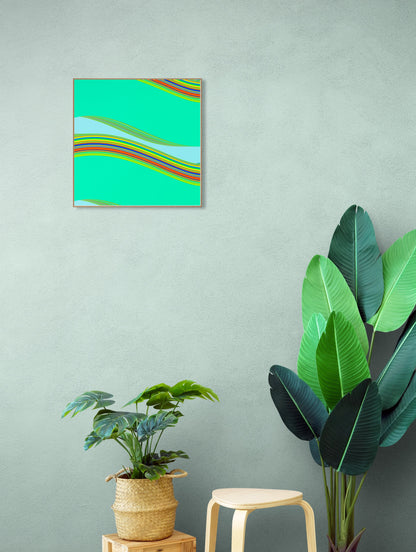 Abstract generative art print on a wall with plants and a stool below
