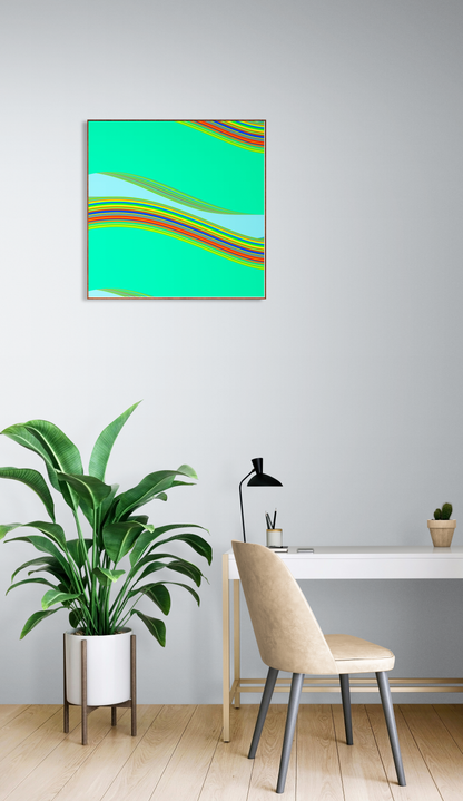 Modern interior with a colorful abstract generative art print on the wall, a plant, and a chair.