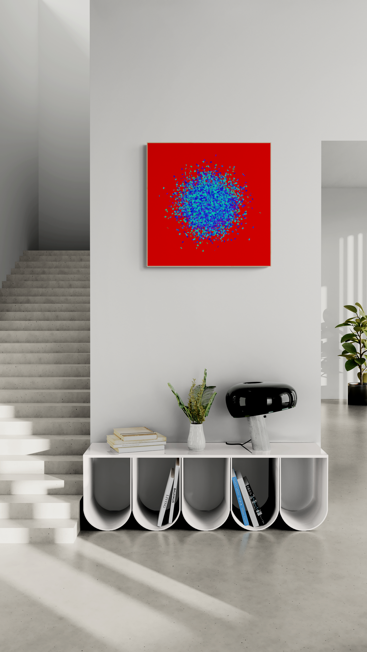 Modern interior with a blue, green, purple confetti like patterned abstract print on a red background on a white wall, a white console table with magazines, and a staircase.