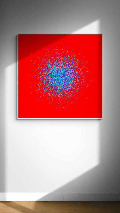 Blue, green, purple confetti like patterned abstract art print on a red background, on a grey wall.