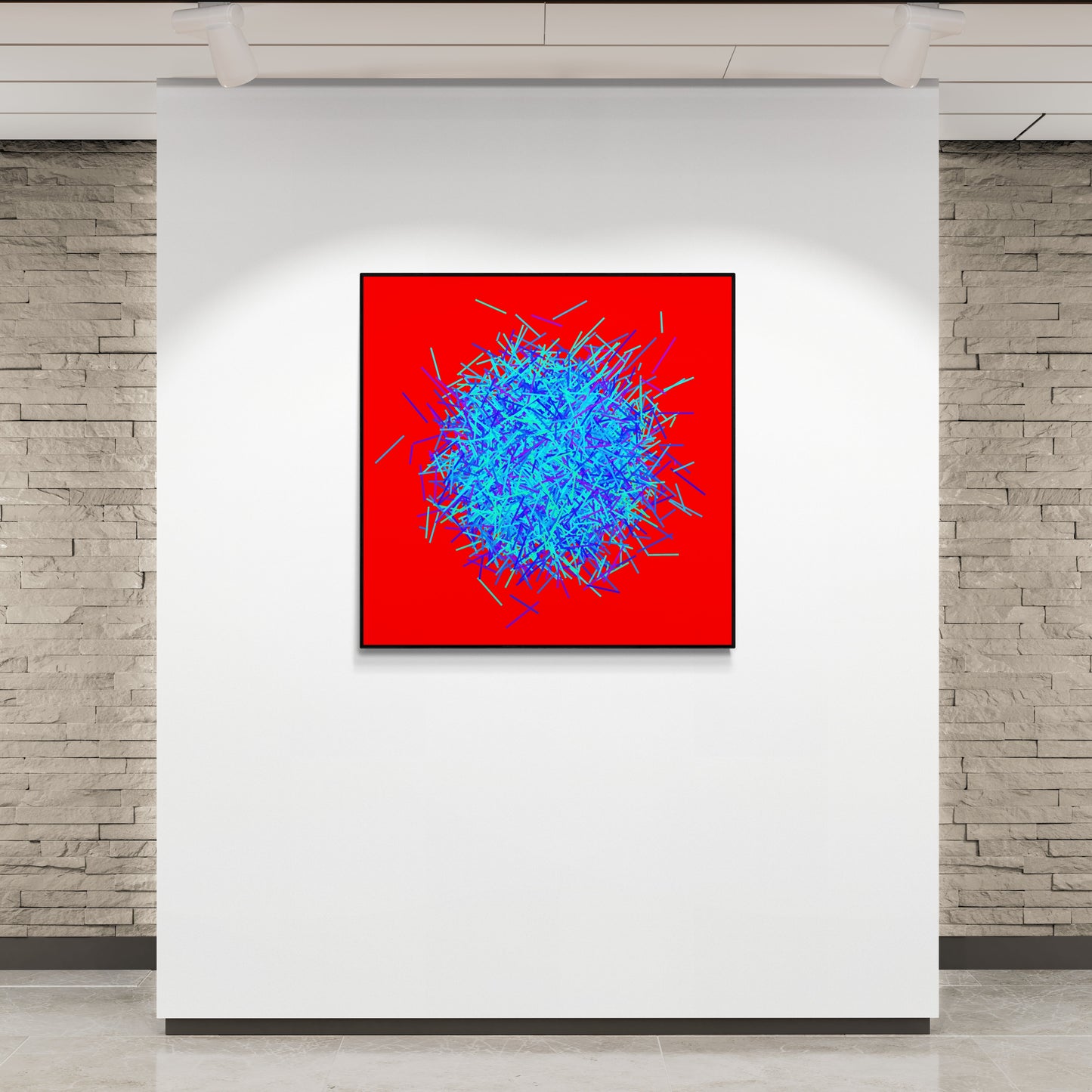 Abstract patterned art print of ball of blue and green lines on a red background in a modern gallery indoor setting