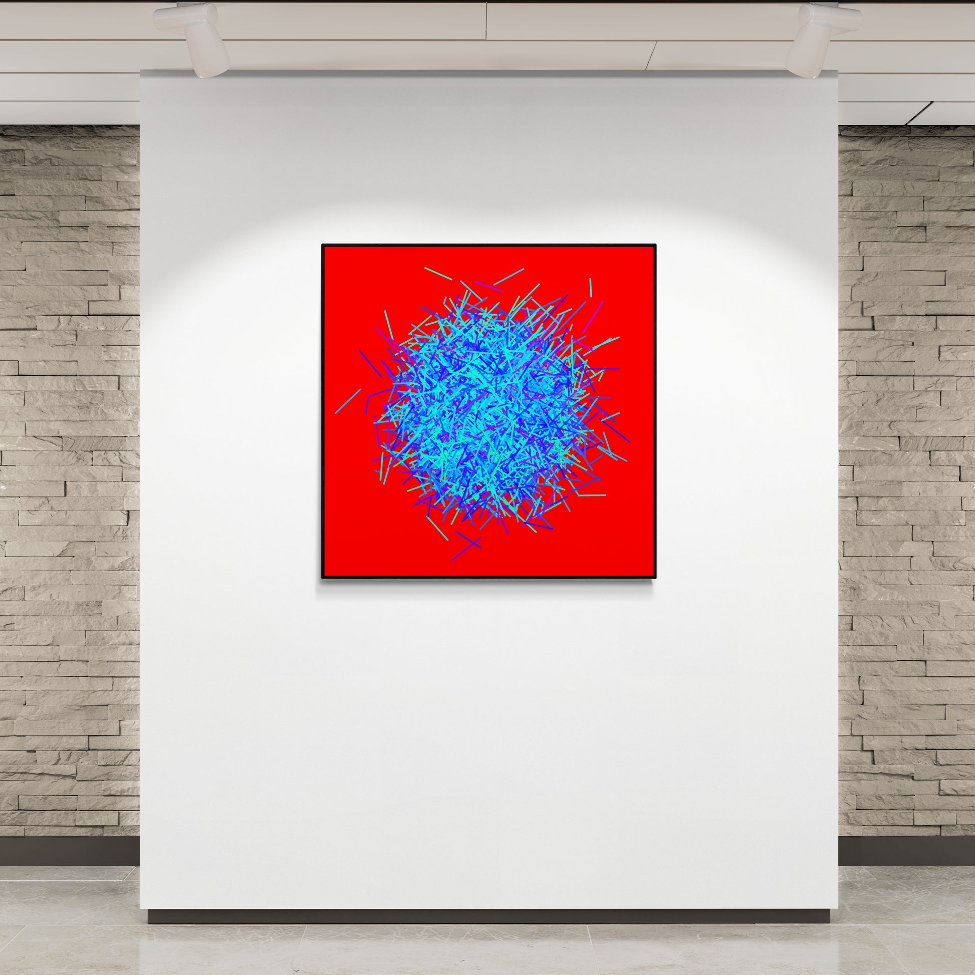 Abstract patterned art print of ball of blue and green lines on a red background in a modern gallery indoor setting