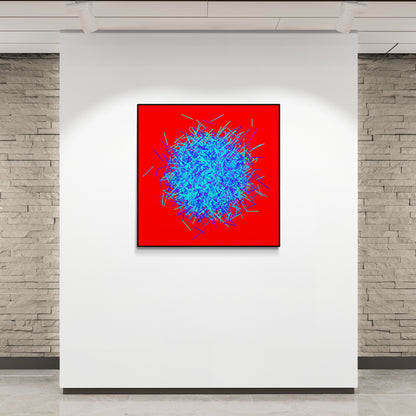 Abstract patterned art print of ball of blue and green lines on a red background in a modern gallery indoor setting