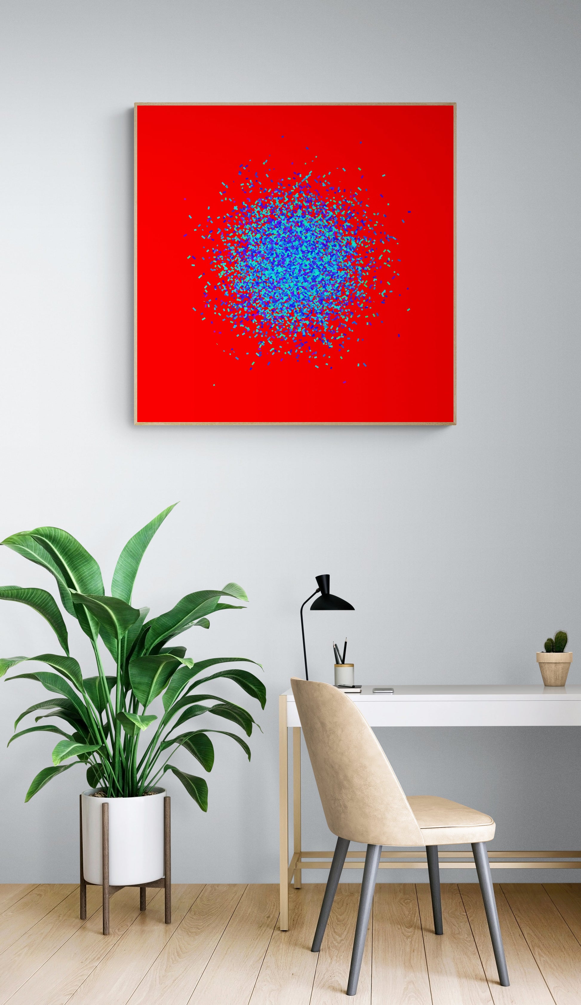 Abstract circle patterned art print of blue and green fragments on a red background in a modern interior setting.
