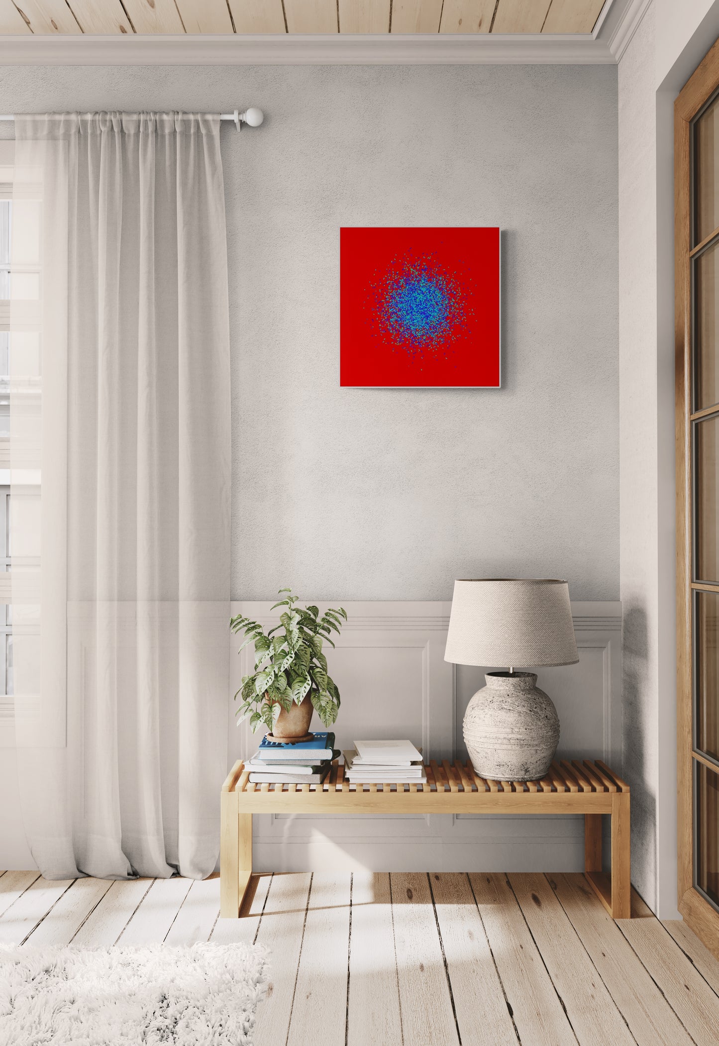 Modern interior with a blue, green, purple confetti like patterned abstract print on a red background on a white wall, wooden bench, and lamp.