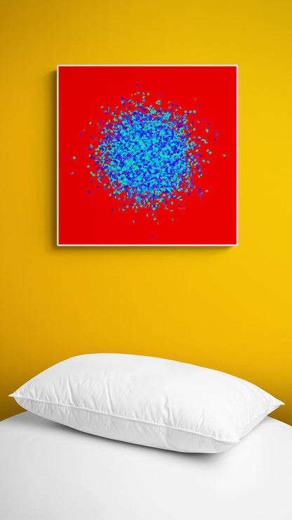 Blue, green, purple confetti like patterned abstract print on a red background on a yellow wall above a bed.