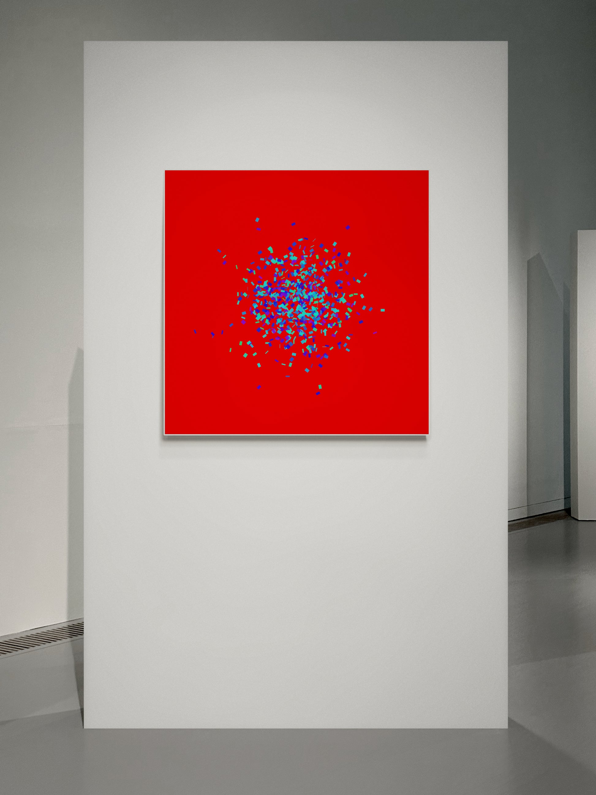 Blue, green, purple confetti like patterned abstract print on a red background in an art gallery.