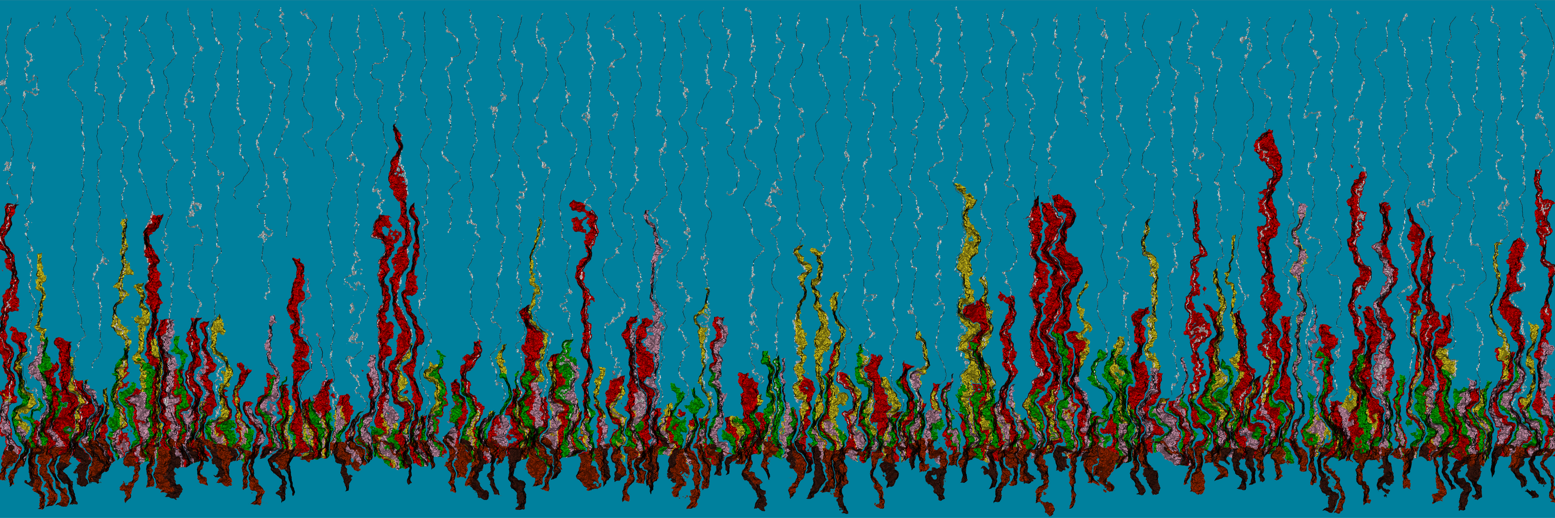 Abstract colourful art print of roots and plants growing in the rain on a blue background
